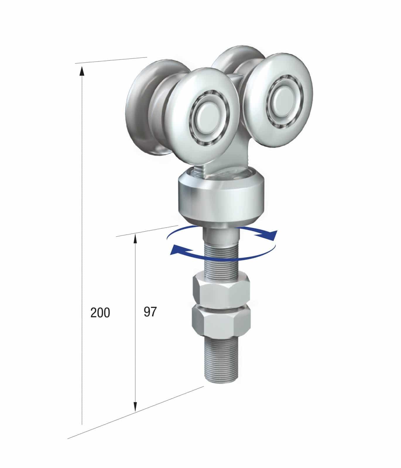 Series 250 Double Axle Rotating Steel Wheel Hanger, M20 x 97mm Pin, 380Kg Capacity