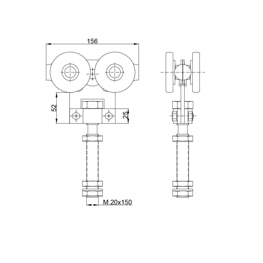 Series 2000 Double Axle Steel Wheel Hanger, M20 x 150mm Pin, 600Kg Capacity spec