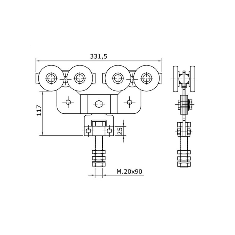 Series 2000 Quad Axle Steel Wheel Hanger, M20 x 90mm Pin, 1000Kg Capacity spec